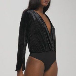 Good American Velvet Wrap Bodysuit Plunging Deep V-Neck Thong Black Womens Sz 3